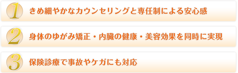 1きめ細やかなカウンセリングと専任制による安心感 2身体のゆがみ矯正・内臓の健康・美容効果を同時に実現 3保険診療で事故やケガにも対応